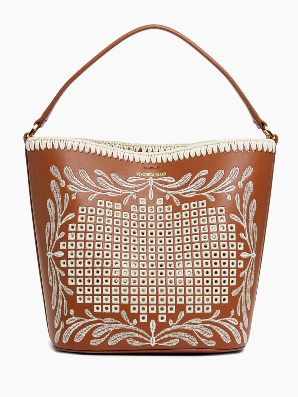 Veronica Beard $598 Small Eyelet Feedbag Bucket Bag Leather Crossbody Hazelwood - Picture 1 of 8